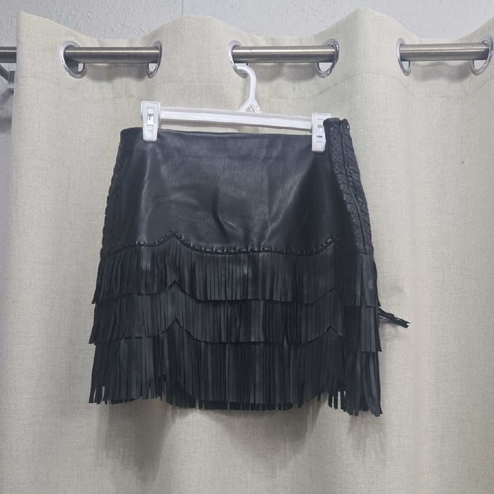 Idyllwind Black Leather Fringe Mini Skirt